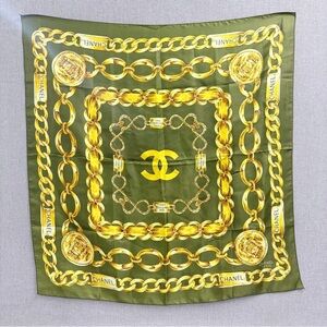 Vintage CHANEL Olive Green & Gold Chain Print Silk Scarf